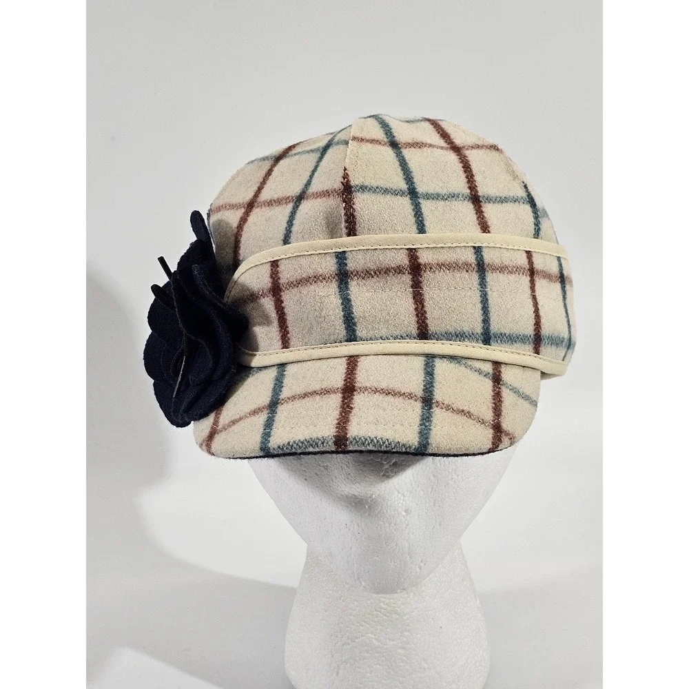 Stormy Kromer Petal Pusher Cap Cream Plaid Wool Blend Hat with Flower Size 6 7/8
